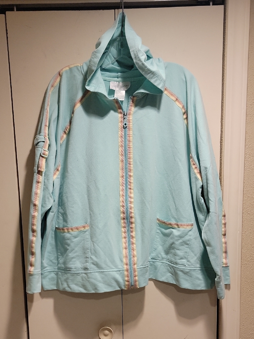 Light Mint Blue Hooded Bomber Jacket with Striped Trim